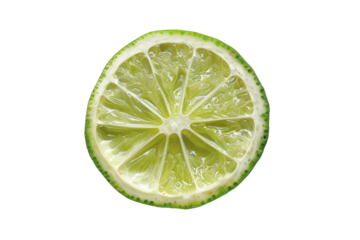 Close-up of a fresh lime slice on a white background, showcasing vibrant green color and juicy texture, perfect for food and drink themes.