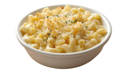 Creamy homemade mac and cheese in a white bowl, garnished with fresh herbs, ideal for comfort food and culinary delights imagery.