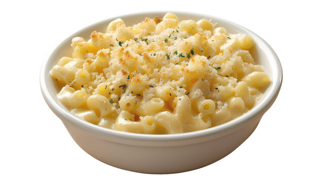 Creamy homemade mac and cheese in a white bowl, garnished with fresh herbs, ideal for comfort food and culinary delights imagery.
