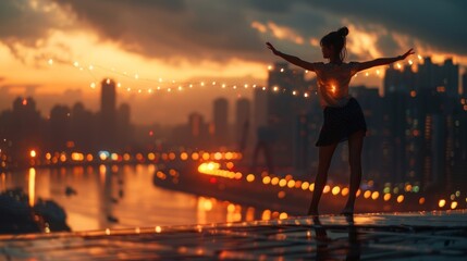 Fototapeta premium A woman stands with arms outstretched, silhouetted against a cityscape at sunset. The city lights reflect in the water below.
