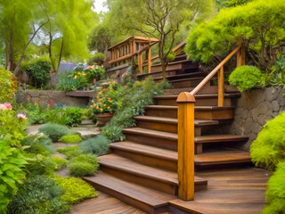 Wooden stairs in garden