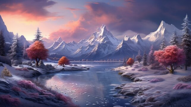 The image is of a beautiful winter landscape. The mountains are covered in snow. The trees are bare, except for a few evergreens. - Powered by Adobe