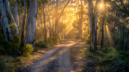 Obraz premium Serene footpath winding through a dense eucalyptus forest, with golden sunset sunbeams filtering through the tall trees, casting a warm and magical glow on the path. 