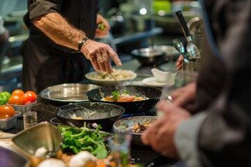 Professional Photography of Chef Teaching Cooking, featuring the chef sharing cooking techniques and culinary tips, Generative AI