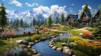 Fototapeta premium A beautiful landscape image of a mountain cabin in the summer. The cabin is nestled in a valley surrounded by snow-capped mountains.