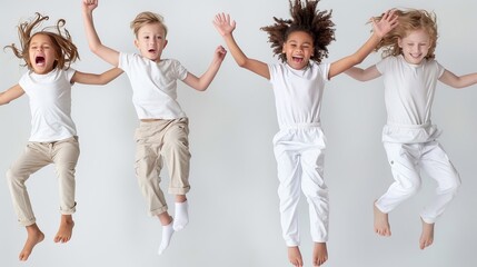Obraz premium Four happy children jump in the air with their arms raised, celebrating and smiling.