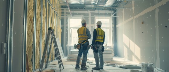 Professional Construction Workers Installing Insulation in a Modern New Building