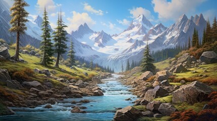 This is a beautiful landscape painting of a mountain valley. The mountains are covered in snow. The river is flowing through the valley.