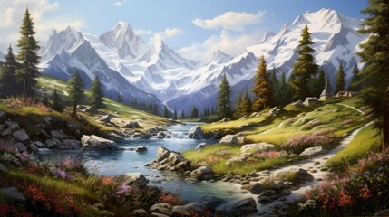 The image is of a beautiful mountain landscape. There is a river in the foreground, and mountains in the background.