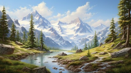 The image is of a beautiful mountain landscape. The mountains are covered in snow. The sky is blue and the sun is shining.