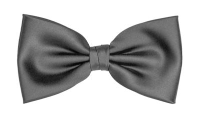 Top view elegant anthracite gray satin bow tie, isolated cutout on transparent background.