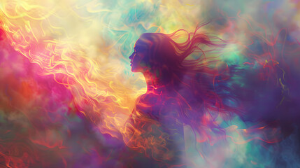 Ethereal woman enveloped in a misty aura, with vivid colors radiating from her, blending into the surrounding environment in a magical display