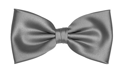 Top view elegant silver gray satin bow tie, isolated cutout on transparent background.