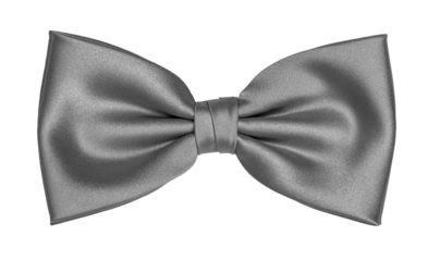 Top view elegant silver gray satin bow tie, isolated cutout on transparent background.