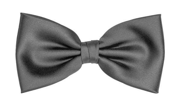 Top view elegant anthracite gray satin bow tie, isolated cutout on transparent background.