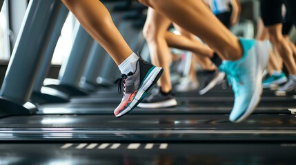 A group of people running on treadmills at the gym.