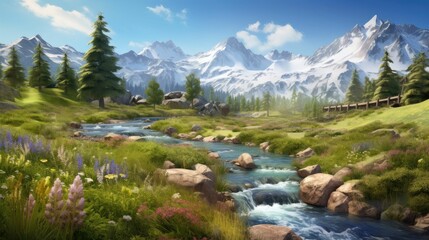Obraz premium A beautiful landscape with snow-capped mountains, a river, and a meadow full of flowers. The sky is blue and the sun is shining.