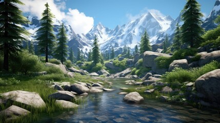 A beautiful landscape with snow-capped mountains, a river, and lush greenery. The perfect setting for a relaxing and peaceful getaway.