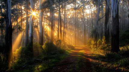 Serene footpath winding through a dense eucalyptus forest, with golden sunset sunbeams filtering through the tall trees, casting a warm and magical glow on the path. 