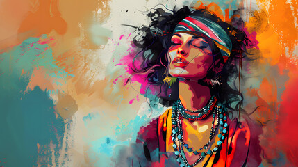 Vibrant and stylish illustration of a trendy woman in bohemian fashion, wearing a colorful headband and multiple layered necklaces, set against a lively background with abstract patterns.