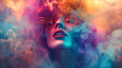 Ethereal woman enveloped in a misty aura, with vivid colors radiating from her, blending into the surrounding environment in a magical display