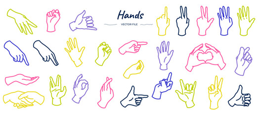 Mains vectoris&eacute;es. Pack de mains vectorielles. Mains minimalistes. Pack de mains vari&eacute;es dessin&eacute;es &agrave; la main. Mains color&eacute;es, fichiers vectoriel modifiable. Mains positions vari&eacute;es.