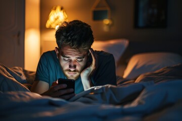 Man in bed, focused on phone under warm lamp light.