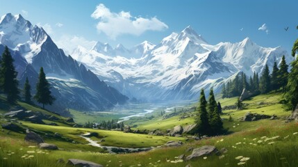 Fototapeta premium This is a beautiful landscape image of a mountain valley. The mountains are covered in snow. The valley is green and lush.