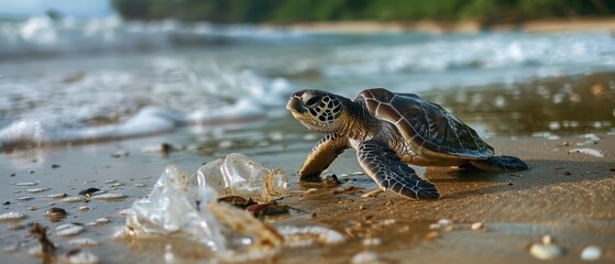 Distressed Turtle Facing Plastic Pollution in the Ocean - Environmental Conservation Concept
