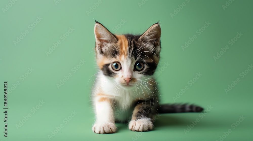 Sticker A calico kitten sitting and looking at the camera.