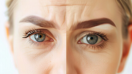 Fototapeta premium Effects of Botox treatment: reduction of forehead wrinkles, skin revitalization, anti-aging concept.