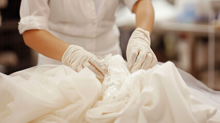 The dry cleaner carefully treats the wedding dress, ensuring perfect cleaning and preservation of the material.