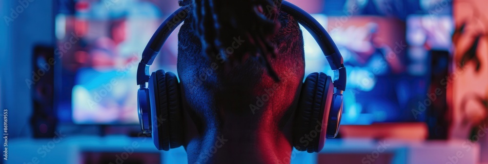 Aufkleber a close-up view of a persons ear wearing headphones while sitting in front of a television screen. g