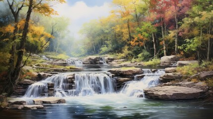 Obraz premium The image is of a beautiful waterfall in a forest. The water is crystal clear and the rocks are a light brown color.