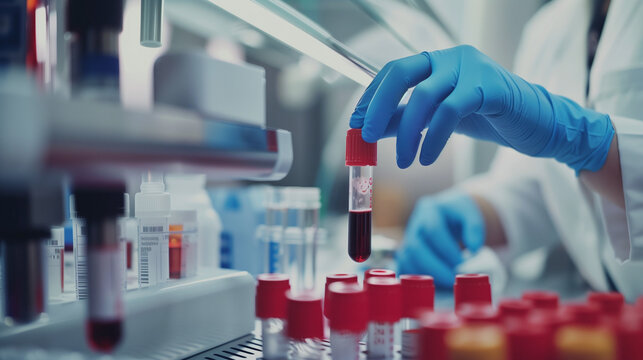 Laboratory technician analyzes a blood sample to detect doping substances in a modern medical laboratory.