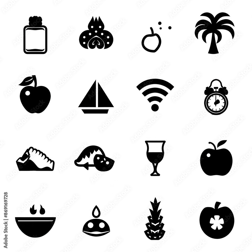 Poster minimalistic line art icons with clean lines and white background, ideal for web and app design, add