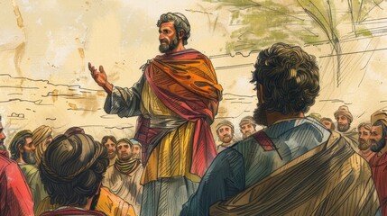 Naklejka premium Joshua,Joshua’s Farewell to the Leaders,Biblical Illustration: Joshua Addressing the Leaders of Israel with His Farewell Speech, Beige Background, Copyspace