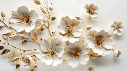 3d gold flowers white backgroung.