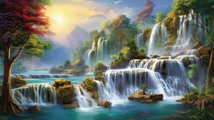 The image is of a beautiful waterfall in a tropical setting.