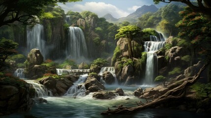 Fototapeta premium A beautiful landscape with a waterfall in the middle. The waterfall is surrounded by green trees and rocks.