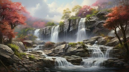 Obraz premium The image is of a beautiful waterfall in a forest. The water is crystal clear and the rocks are covered in moss.