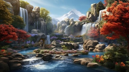 A beautiful landscape with a waterfall and a mountain in the background. The waterfall is surrounded by rocks and trees. The water is blue and clear.