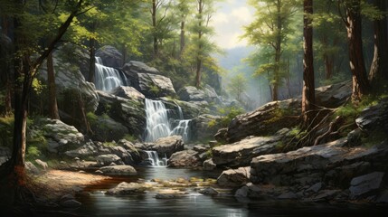 Obraz premium The beautiful landscape of a waterfall in the forest. The waterfall is surrounded by lush green trees and rocks.
