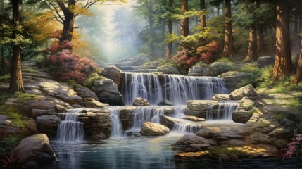 Fototapeta premium The image is of a beautiful waterfall in a forest. The water is crystal clear and the sun is shining through the trees.