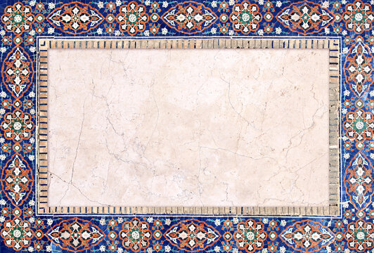 Detail of traditional persian mosaic wall with floral ornament. Horizontal or vertical background with ceramic tile. Mock up template. Copy space for text