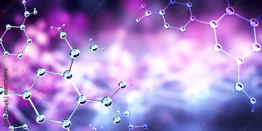 Wall mural horizontal banner with model of abstract molecular structure. background of blue color with glass at