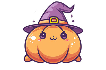 Cute cartoon pumpkin wearing witch hat with a smiley face, perfect for Halloween-themed graphics and seasonal decorations.