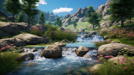 The image is of a beautiful landscape with a river running through it. The water is crystal clear and you can see the rocks and pebbles on the bottom.