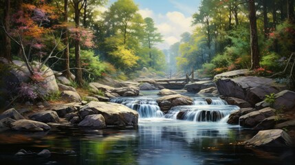 Fototapeta premium The image is of a beautiful landscape with a river running through it. The water is crystal clear and you can see the rocks and pebbles on the bottom.