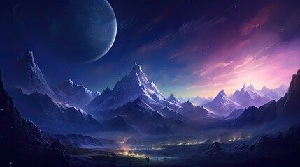 The image is a beautiful landscape of a mountain range at night. The mountains are covered in snow. A large moon hangs in the sky.